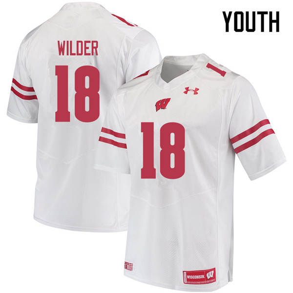 Youth #18 Collin Wilder Wisconsin Badgers College Football Jerseys Sale-White - Click Image to Close